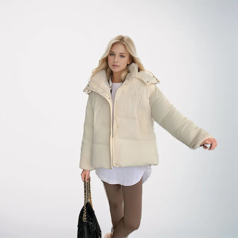 Winter Female's Parka Jacket Pure Color Zipper Lambswool Turn Down Collar Pockets Women's Coat Minimalsit Casual Coat For Women