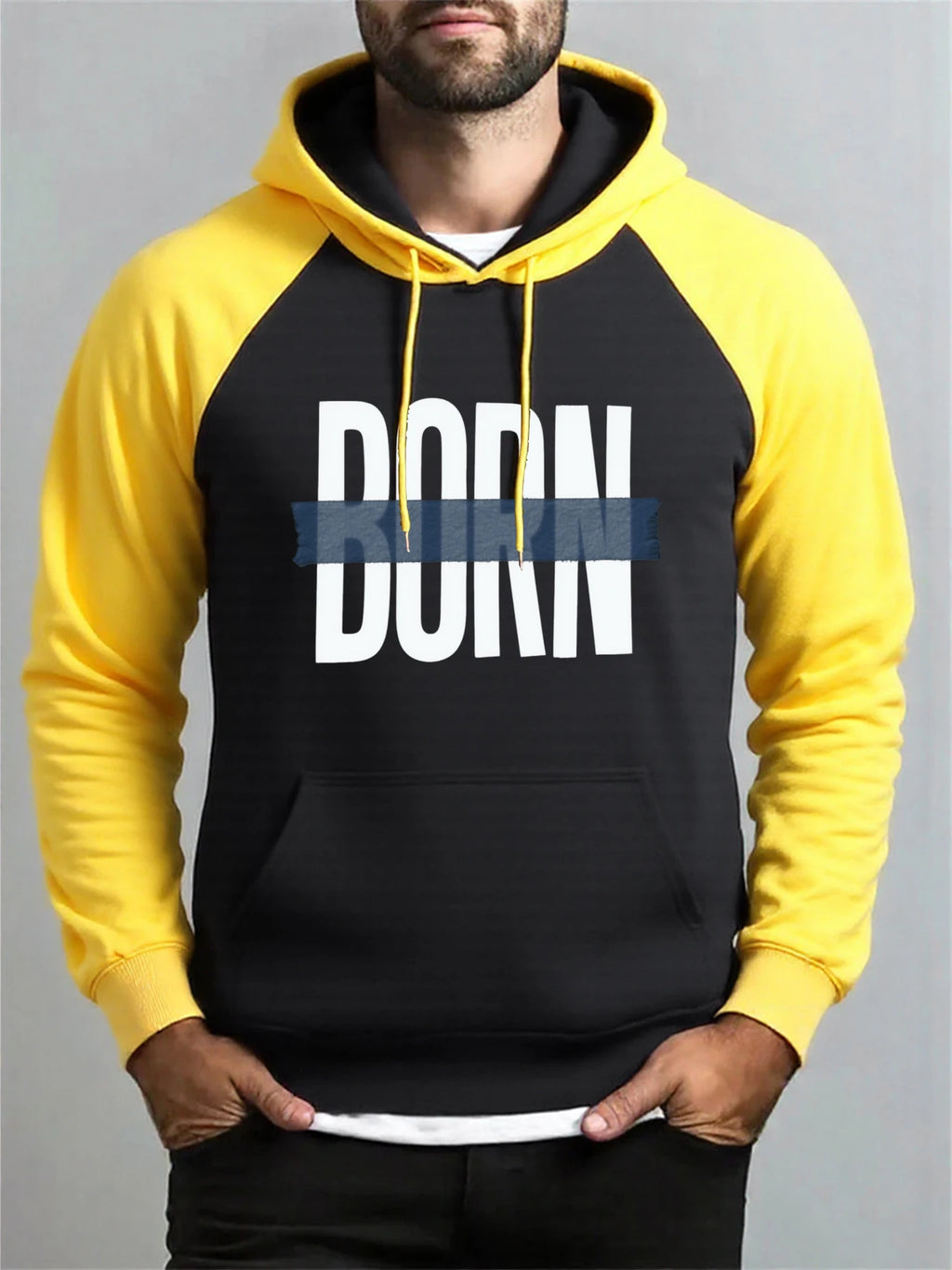 Born Adhesive Tape Prints Men Raglan Hoodies All-Match Hoody Fleece Casual Clothes Street Hip Hop Pullover Autumn Fashion Coat