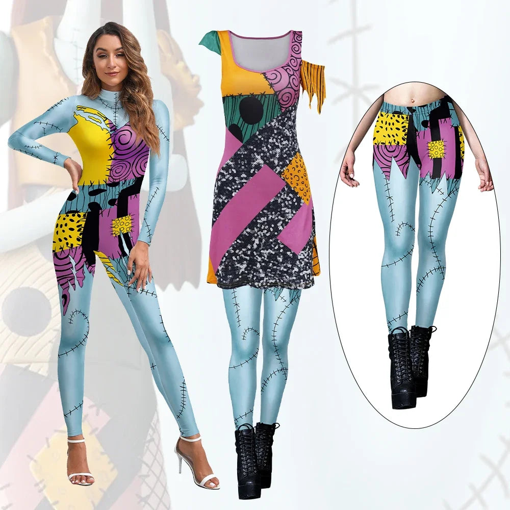 Party Adult Woman Disguise Sally Dress Leggings Cosplay Movie Scary Gothic Jumpsuit Role Play Carnival Halloween Costumes