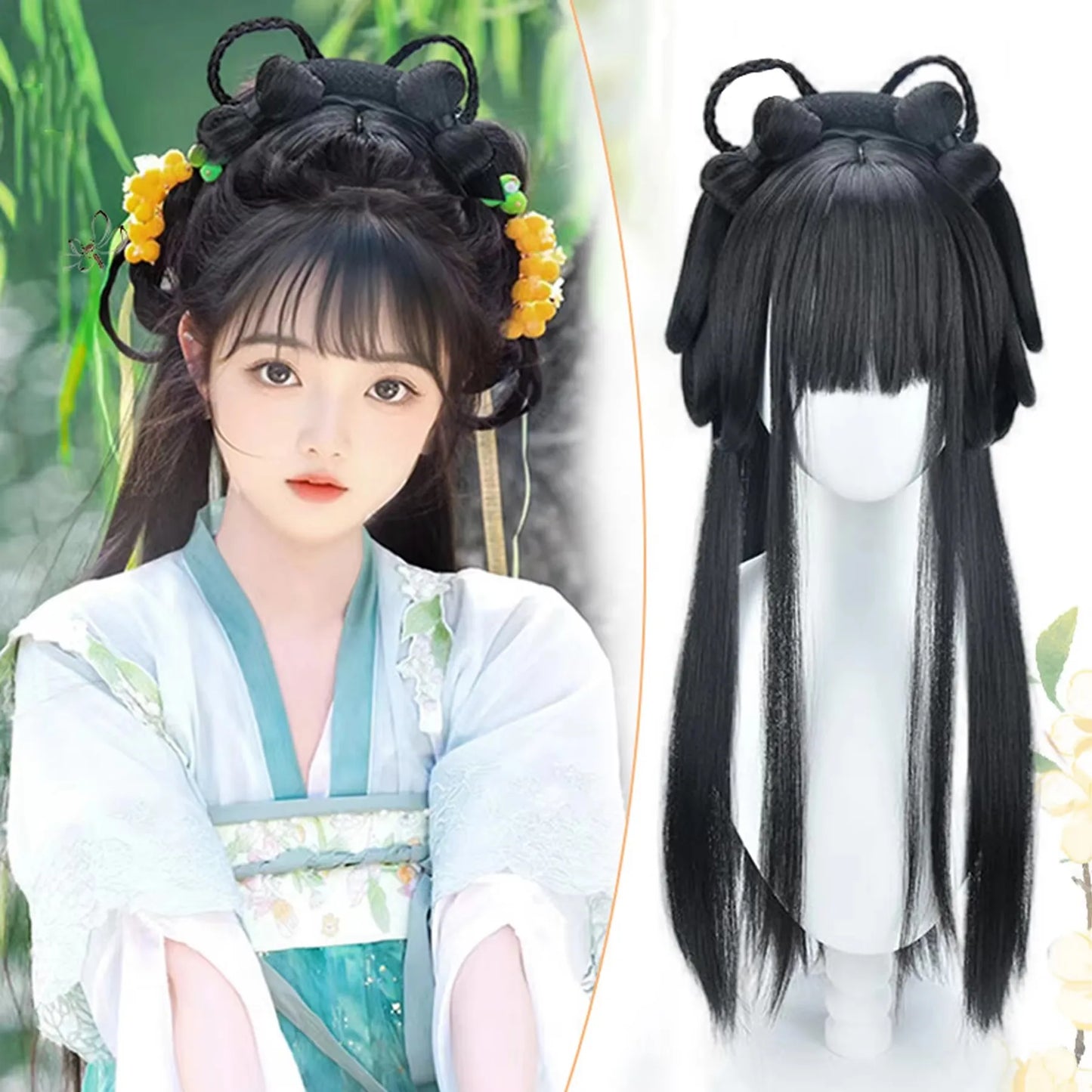 XIYUE Hanfu Wig Headband Women Chinese Style Synthetic Hair Piece Antique Modelling Cos Pad Hair Accessories Headdress Black