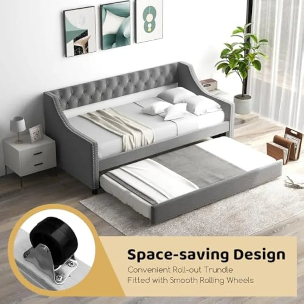 Giantex Upholstered Twin Daybed with Trundle, Modern Trundle Bed with Button Tufted Backrest and Wooden Slat Support, Twin Size