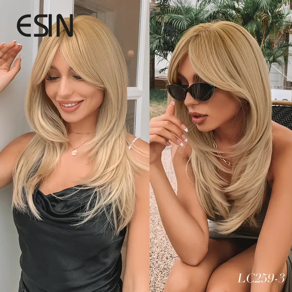 ESIN Synthetic Dark Brown Wig Long Wave Wigs for Women Hair Wig With Bangs Heat Resistant Party Daily Natural Use
