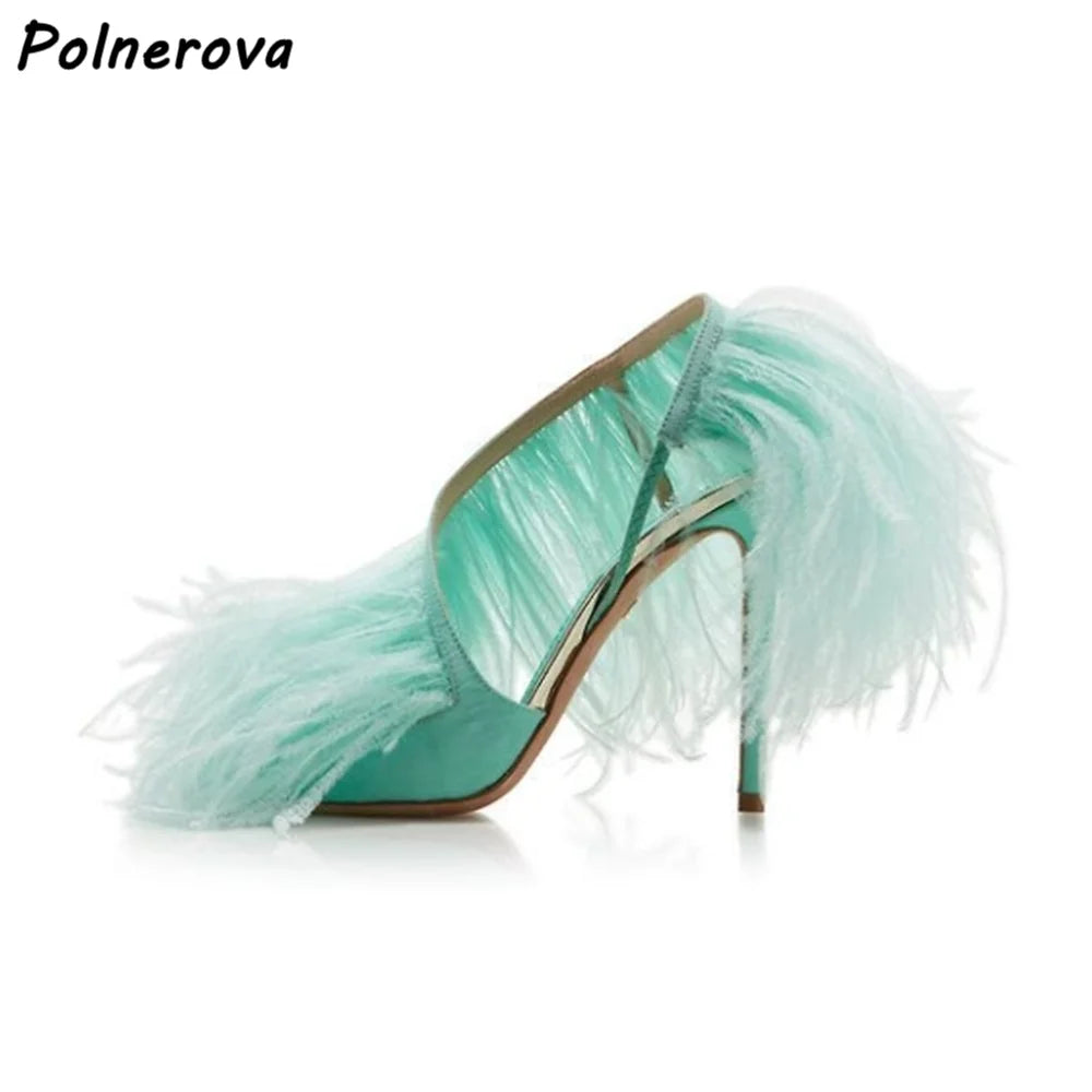 Satin Surround Feather Fringe Sandals Pointy Toe Solid Pointy Toe Stiletto Shoes Red Orange Black Summer Shallow Runway Shoes