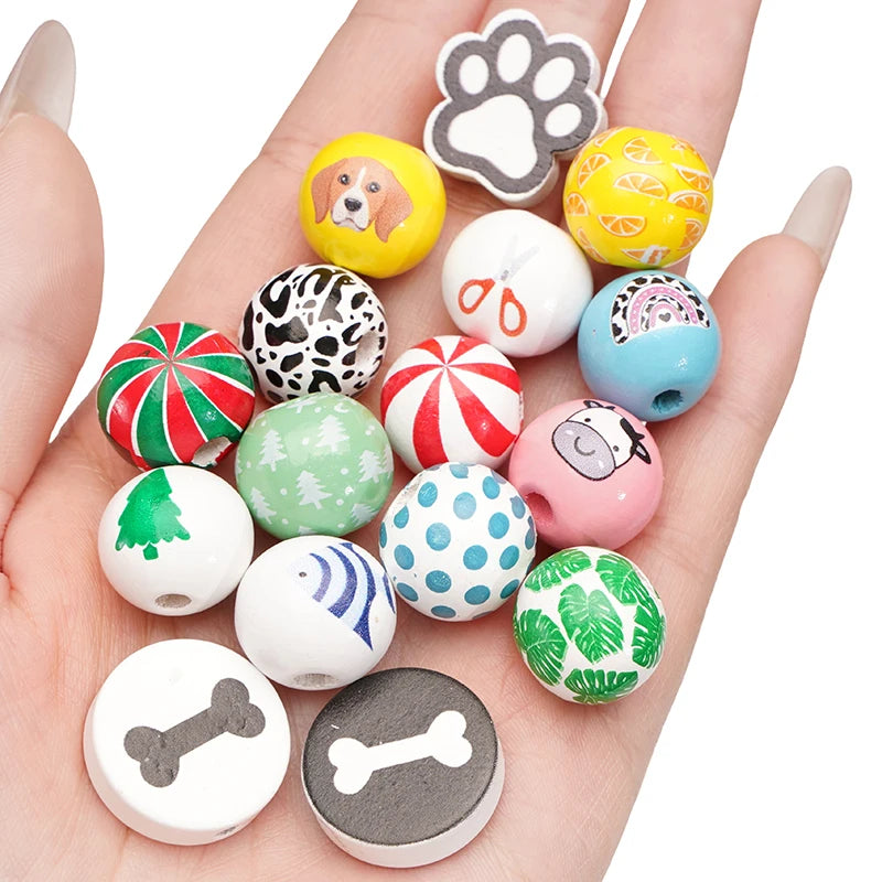 10Pcs 16/20mm Wooden Dog Paw/Christmas Pattern Round Beads Loose Spacer Beads To Make Bracelet Charms Jewelry Making Accessories