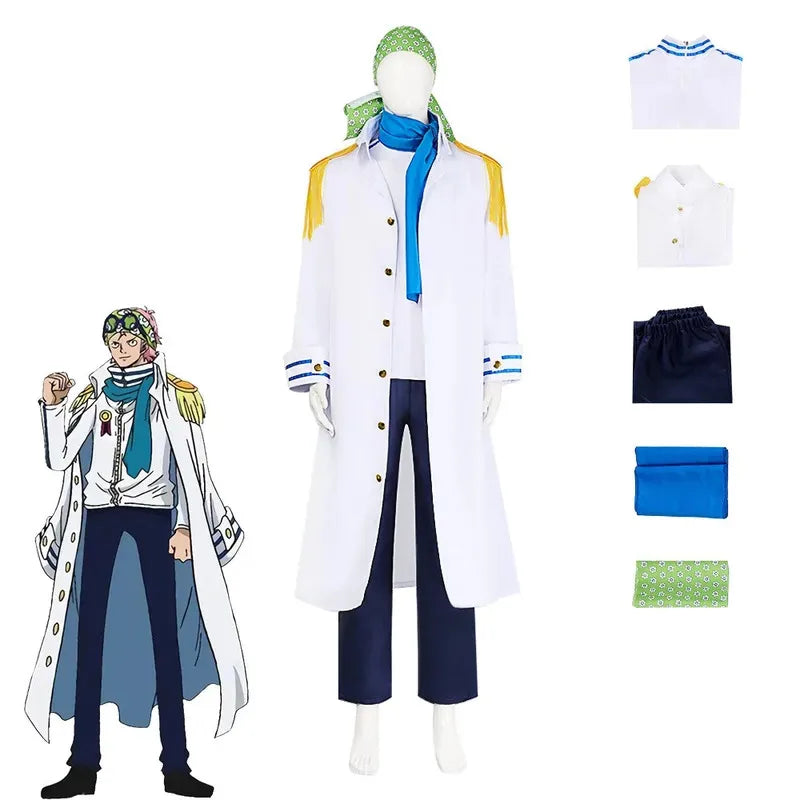 asdh8@Anime Coby Cosplay Costume Marine Sword Member Military Uniform White Long Cloak Coat Scarf Adult Man Halloween Carnival S