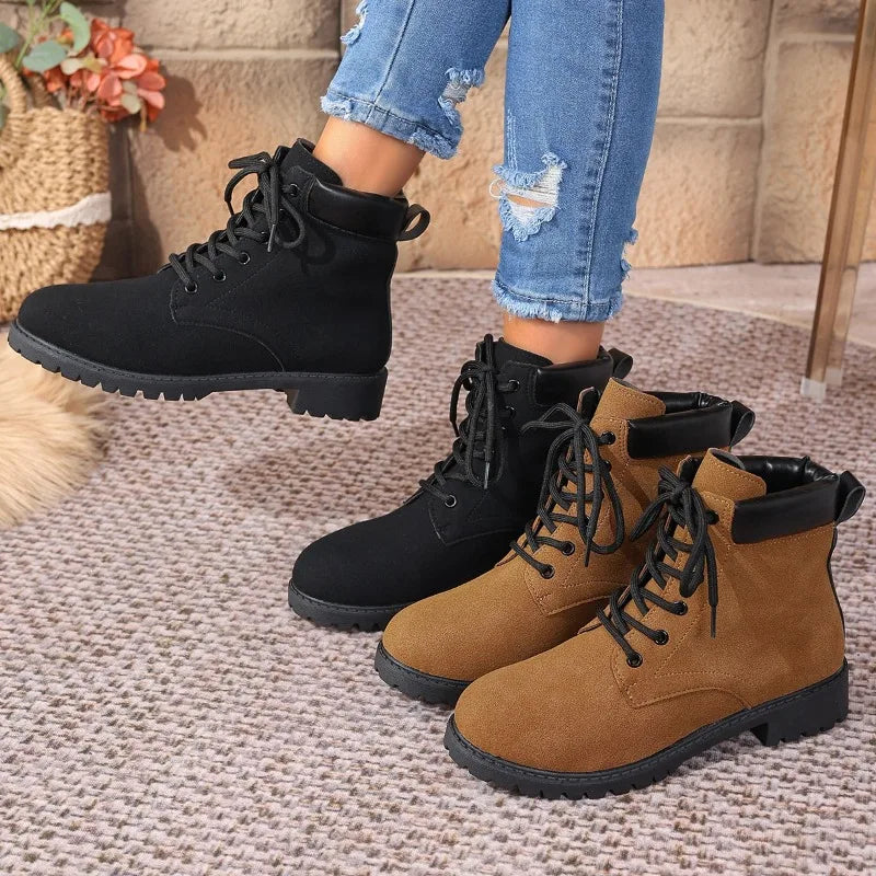 Lace-Up Front Block Heel Single Boots Women's Fashion Round Toe Suede Anti-Slip Wear-Resistant Booties