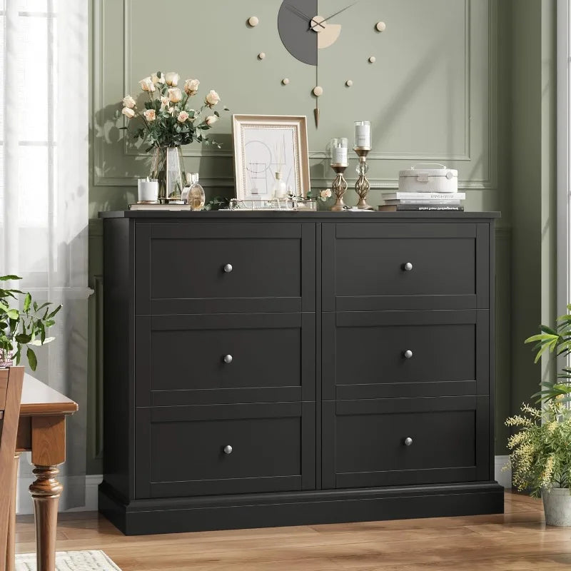 FOTOSOK Black Dresser,6Drawer Dresser Black,Modern Double Chest with Deep Drawers,Wide Storage Organizer Cabinet for Living Room