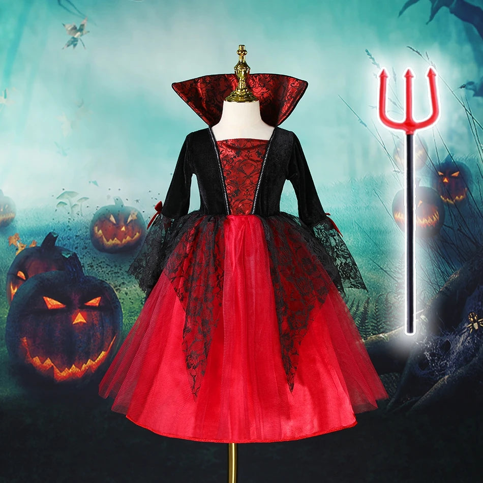 Baby Girls Halloween Witch Costume Children Cosplay Vampire Princess Dresses Kids Dress Up Clothes With Hat Carnival Party Gift