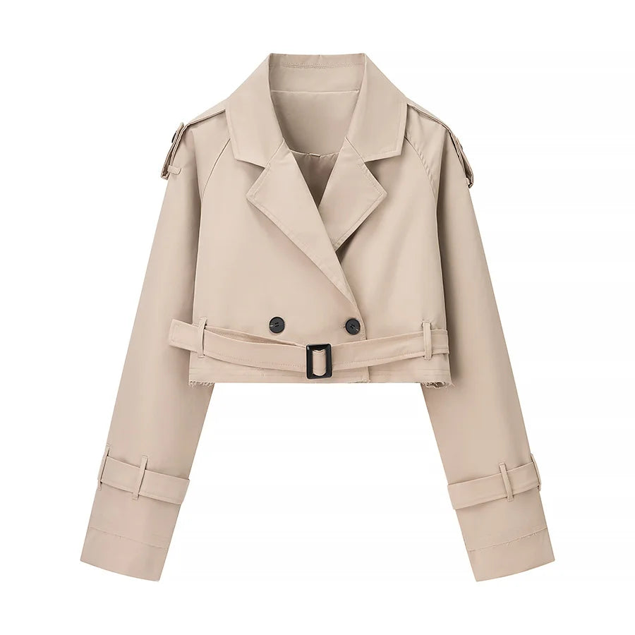 TRAFZR Women's Cropped Trench Coat khaki Long Sleeve Urban Solid Casual Classic fall outfit 2025 Trend Jackets female Outerwears