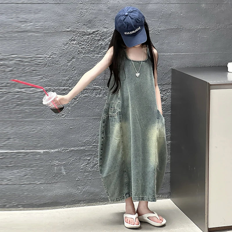 Vintage Blue Children Girls High Quality Sleeveless Denim Dress Streetwear Outfit Fashion Summer Kids Luxury Jeans Clothing