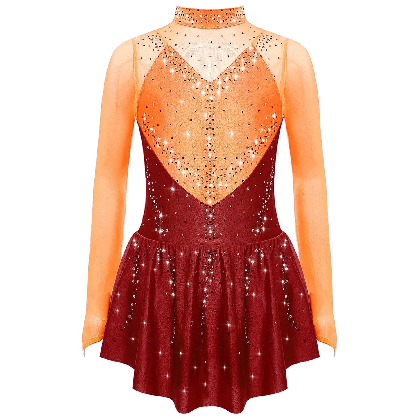 Kids Girls Figure Skating Dance Dress Ballet Lyrical Princess Costume Long Sleeve Color Block Mesh Rhinestones Leotard Dress
