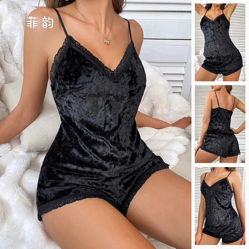 Women Gold Velvet Pajama Suit Fashion V-Neck Lace Velour Sexy Lingerie Pyjamas Sleep Sling Shorts Set Sleepwear