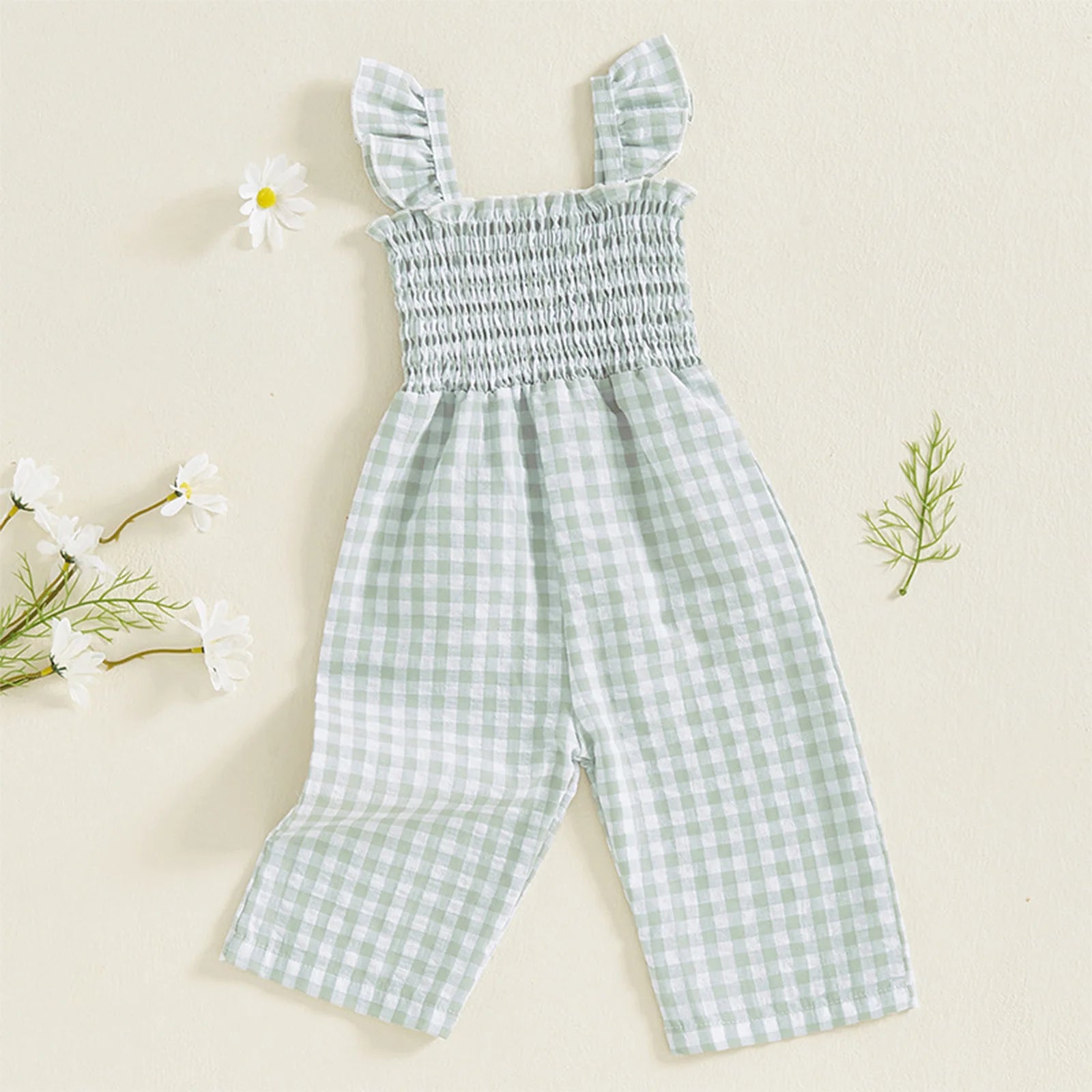 Toddler Baby Girls Summer Clothes Sweet Plaid Bodysuit Fly Sleeves Smocked Rompers Wide Leg Jumpsuit Holiday Party Daily Wear