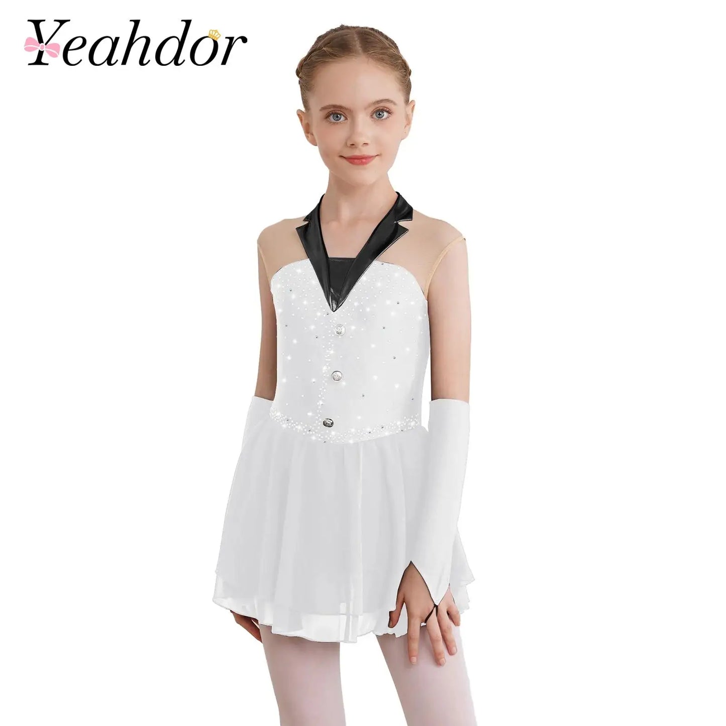 Kids Girls Shiny Ballet Skating Tuxedos Leotard Dress with Gloves Children Lyrical Dance Costumes Latin Cha-cha Stage Dancewear