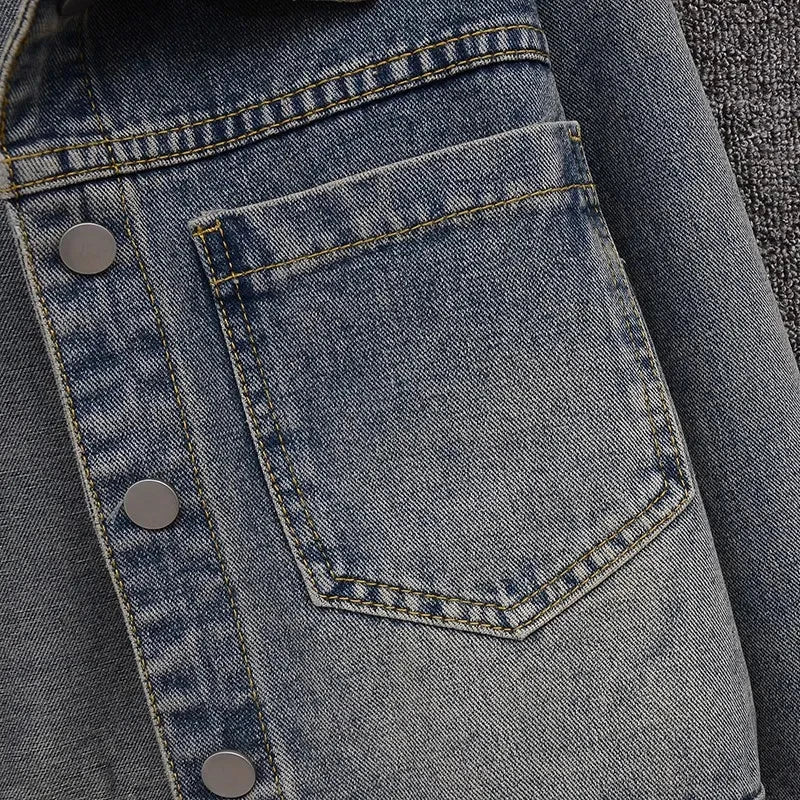 Women Vintage Cropped Denim Jacket Classic Harajuku Y2K Blue American Coat Loose Casual Simple Turn Down Collar Top