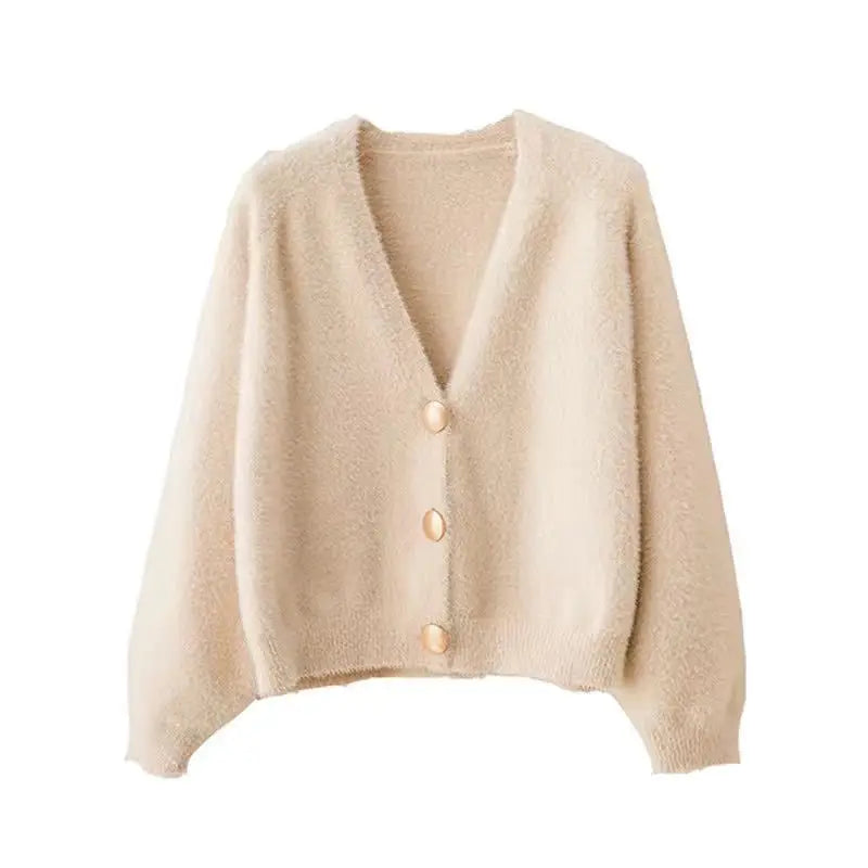 Women Autumnn New Chic Fashion Fluffy Soft Plush V-neck Knitted White Cardigan Sweater Coat Korean Fashion Tops Y2k