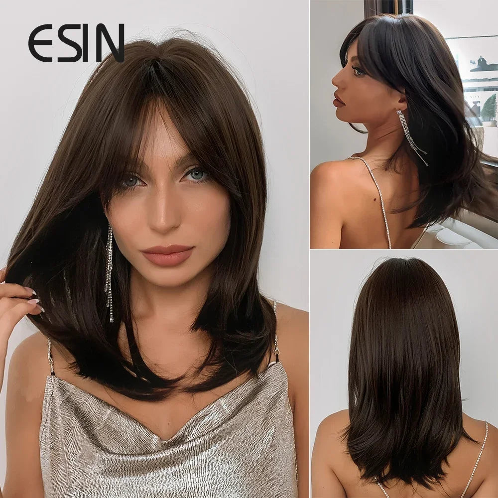 ESIN Synthetic Dark Brown Wig Long Wave Wigs for Women Hair Wig With Bangs Heat Resistant Party Daily Natural Use