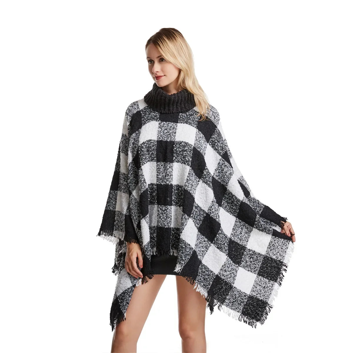 New Women Autumn Winter Striped Knitted Poncho Shawl Sweater Overcoat Streetwear Thick Warm High Neck Loose Knitwear Long Coat