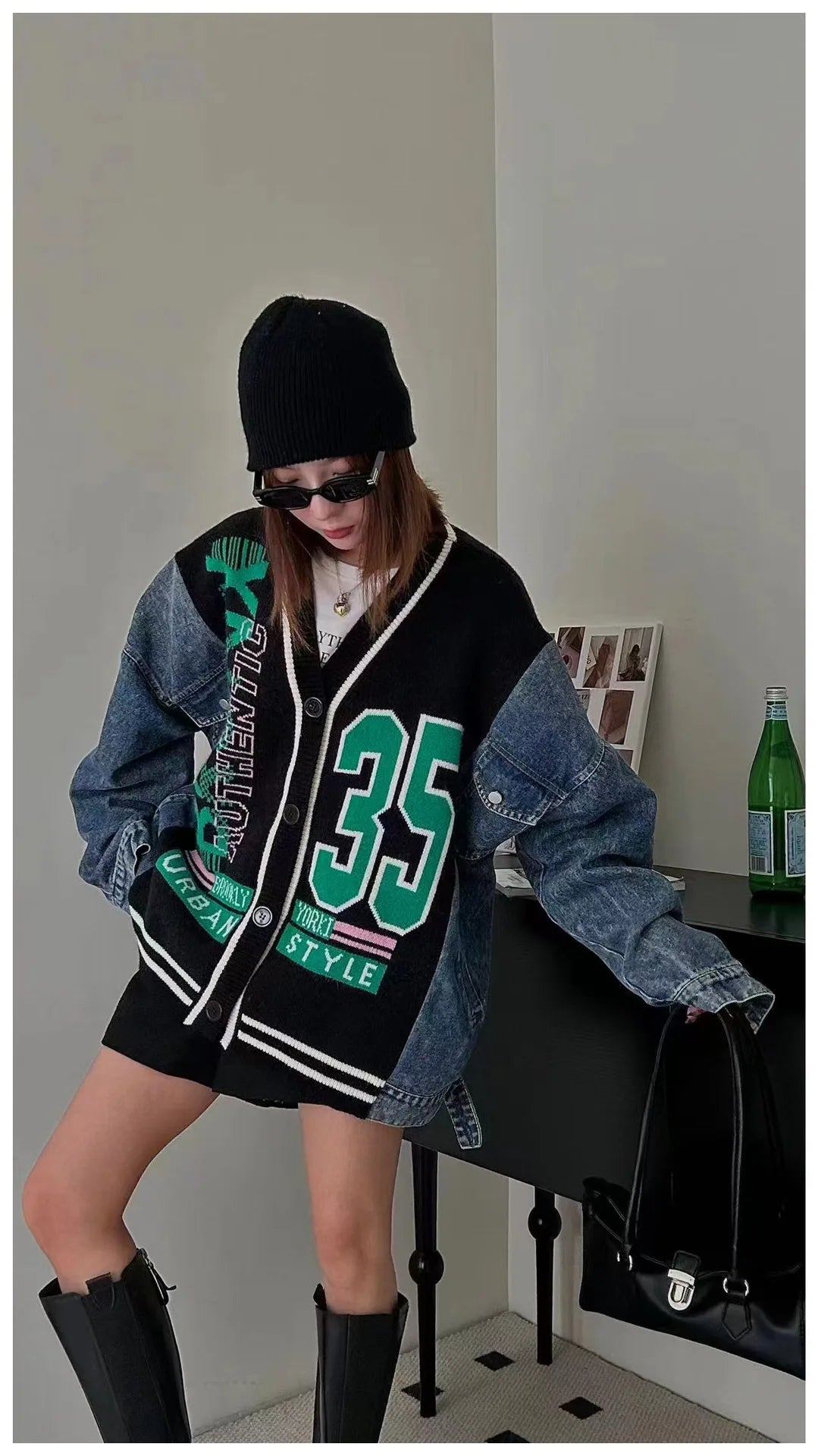 Denim Splicing Knitted Sweater Cardigan Jackets Woman Japanese Korean Fashion V Neck Oversized Coat Vestidos Y2k Clothes Outwear