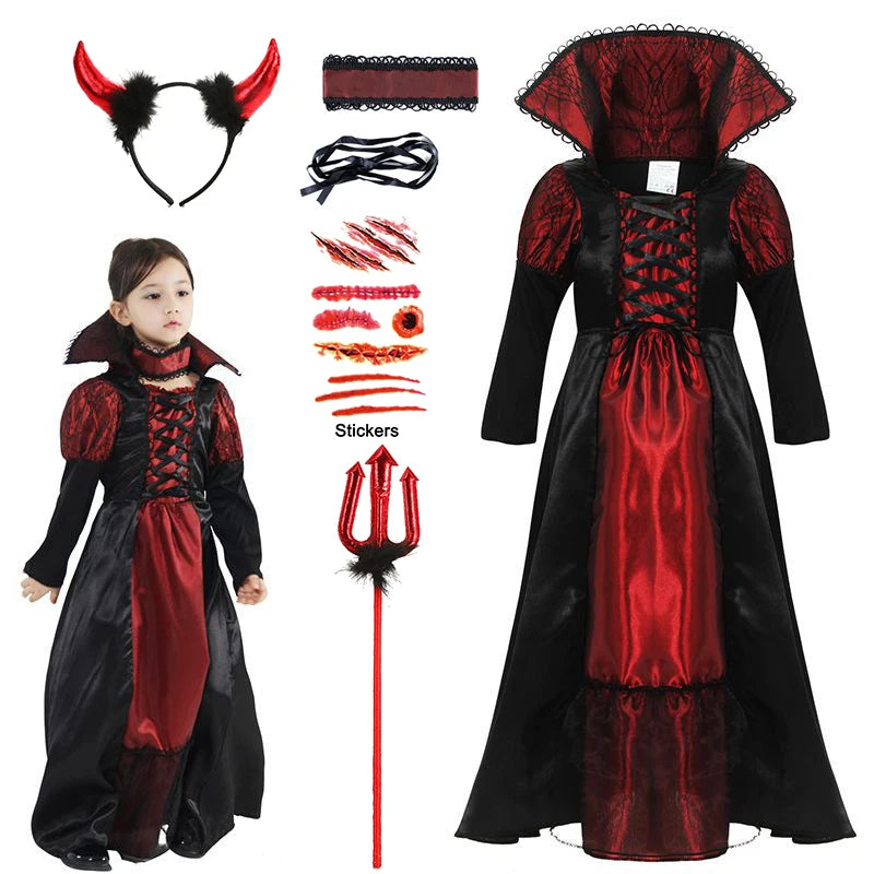 Baby Girls Halloween Ghost Bride Costume Children Cosplay Vampire Princess Dresses Kids Dress Clothes Gothic Carnival Party Gift