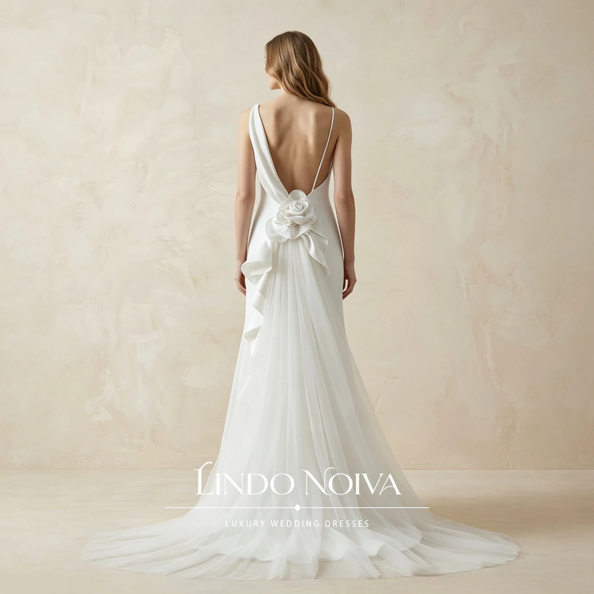 LINDO NOIVA Customized Sexy Satin Mermaid Wedding Dress V Neck Backless Bridal Gown Boho 3D Flower vestido de novia