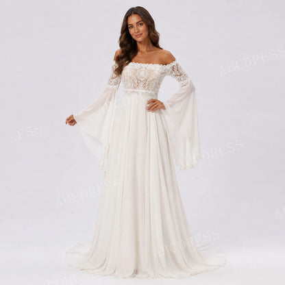ABCDRESS Customized Elegant Lace Applique Bridal Gown Chiffon A-Line Wedding Dresses Sheer Long Bell Sleeves Lady Dress