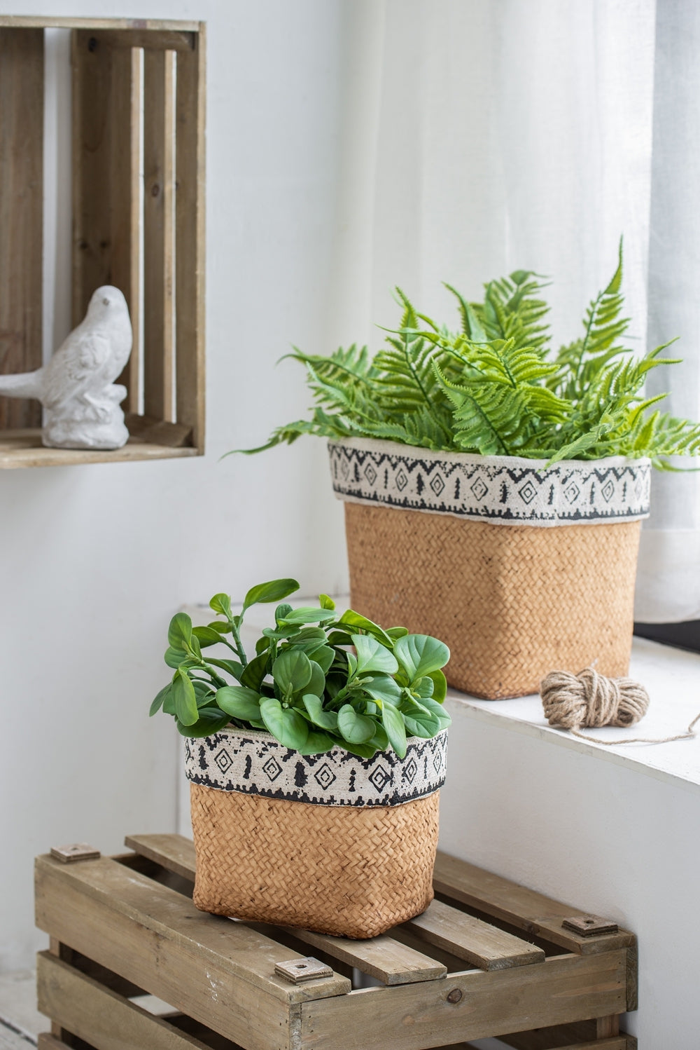 Set of 2 Woven Rectangular Basket Planters with Geometric Trim