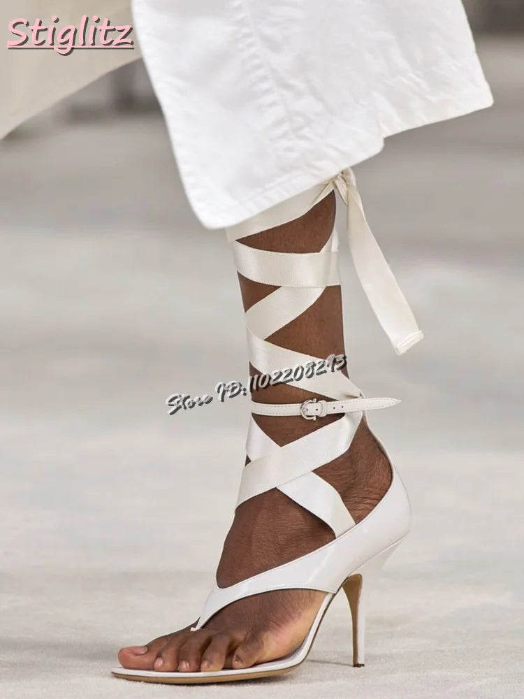 Silk Satin Cross-tied Sandals Clip-Toe Lace-up Flip-flop High Heels Riband Elegant Dress Shoes 2025 Summer New Fashion Women