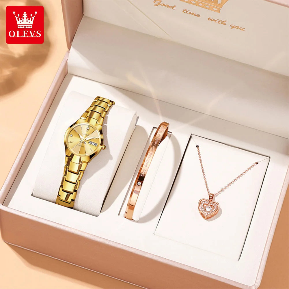 OLEVS Ladies Watch 8697 Luxury Elegant Quartz Watches Waterproof Tungsten Steel Day Date Watches For Woman Watch Bracelet Set