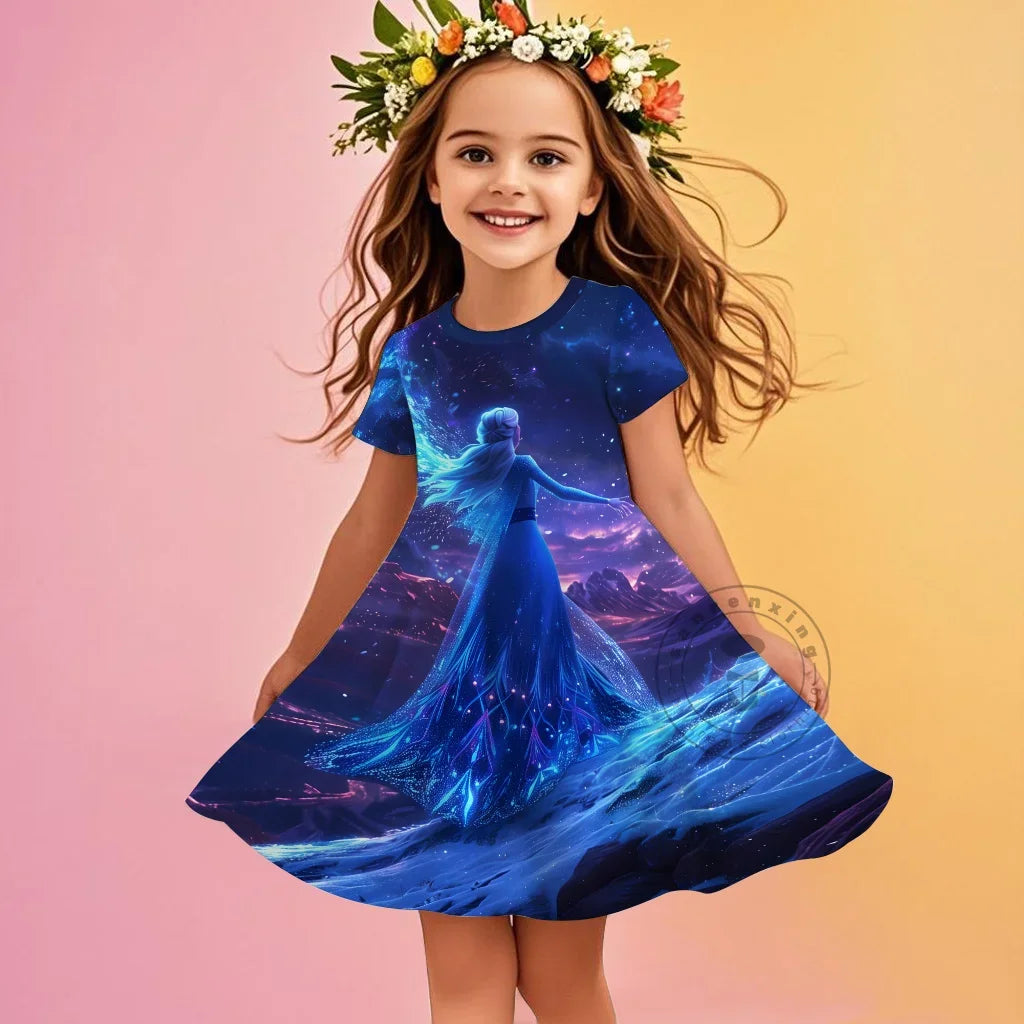 2025 Children Short-Sleeved Dress Cute Princess Series Elsa 3D Print Skirt Summer Baby Girl Clothes Original Brand Clothing