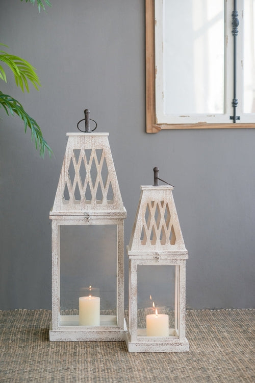 Set of 2 Rustic White French Country Wood & Glass Lanterns