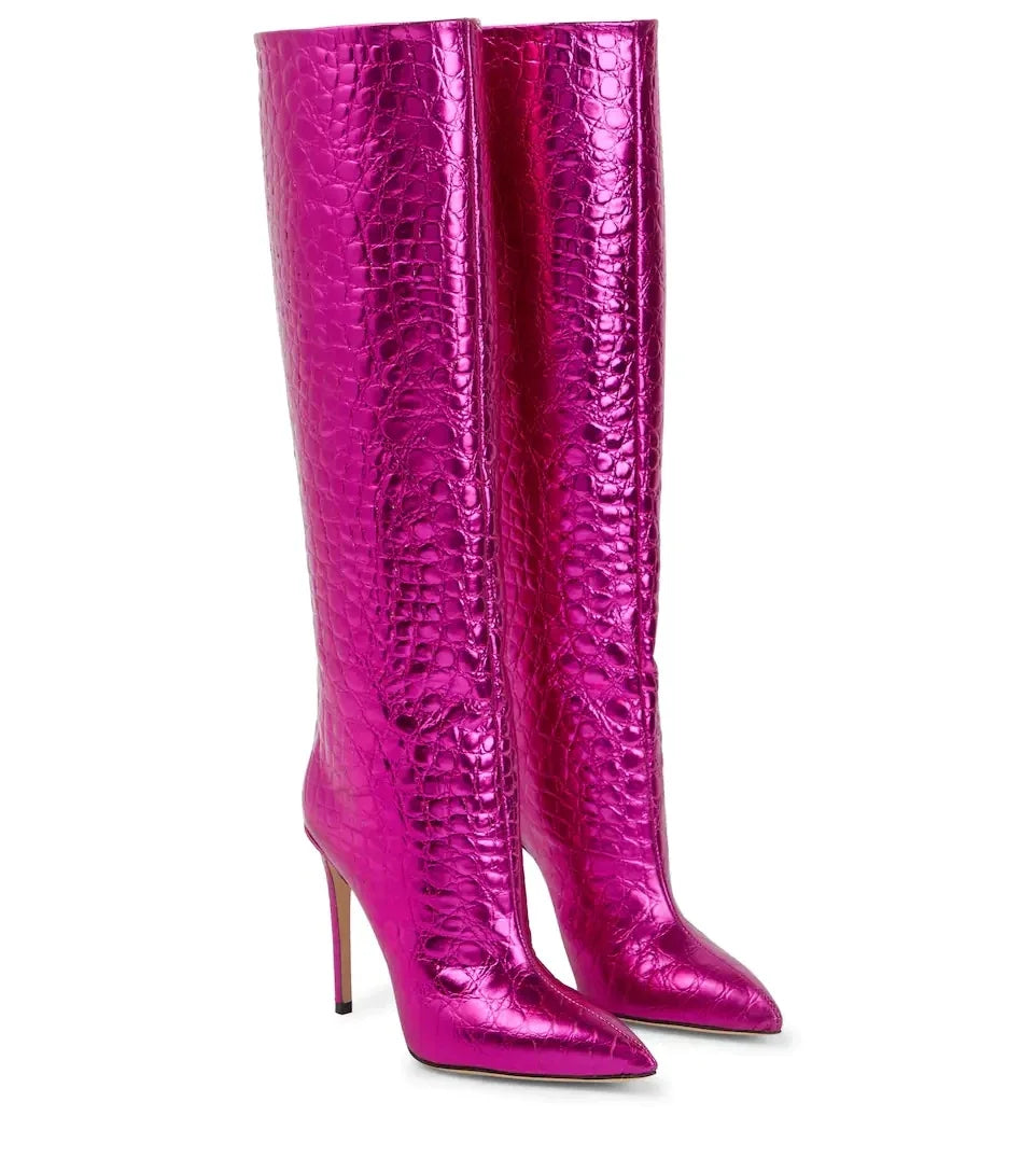 Sexy Serpentine Print Knee-High Boots Pointed Toe Solid Patent Leather Cover Heel Pleated Slip On Fashion 2024 New Arrivals
