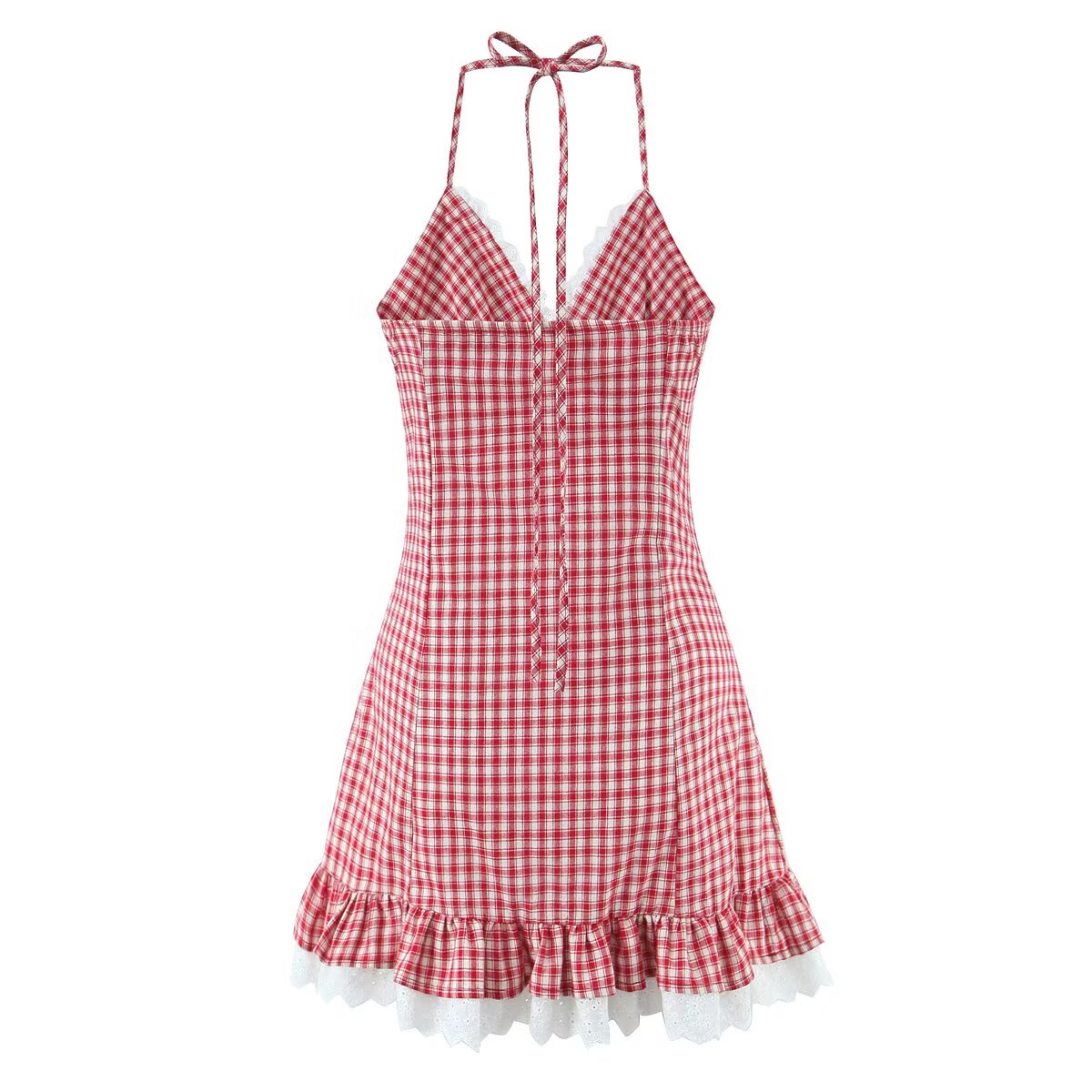 Women Clothing Summer Sexy Retro French Plaid V neck Lace Dress