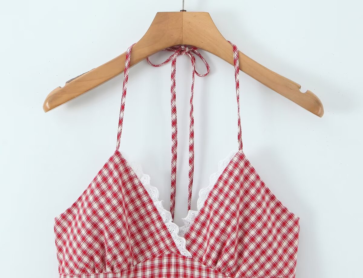 Women Clothing Summer Sexy Retro French Plaid V neck Lace Dress
