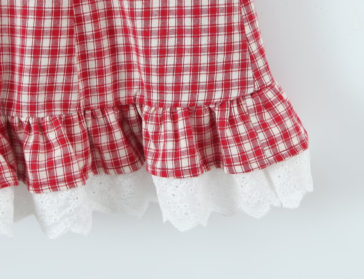 Women Clothing Summer Sexy Retro French Plaid V neck Lace Dress