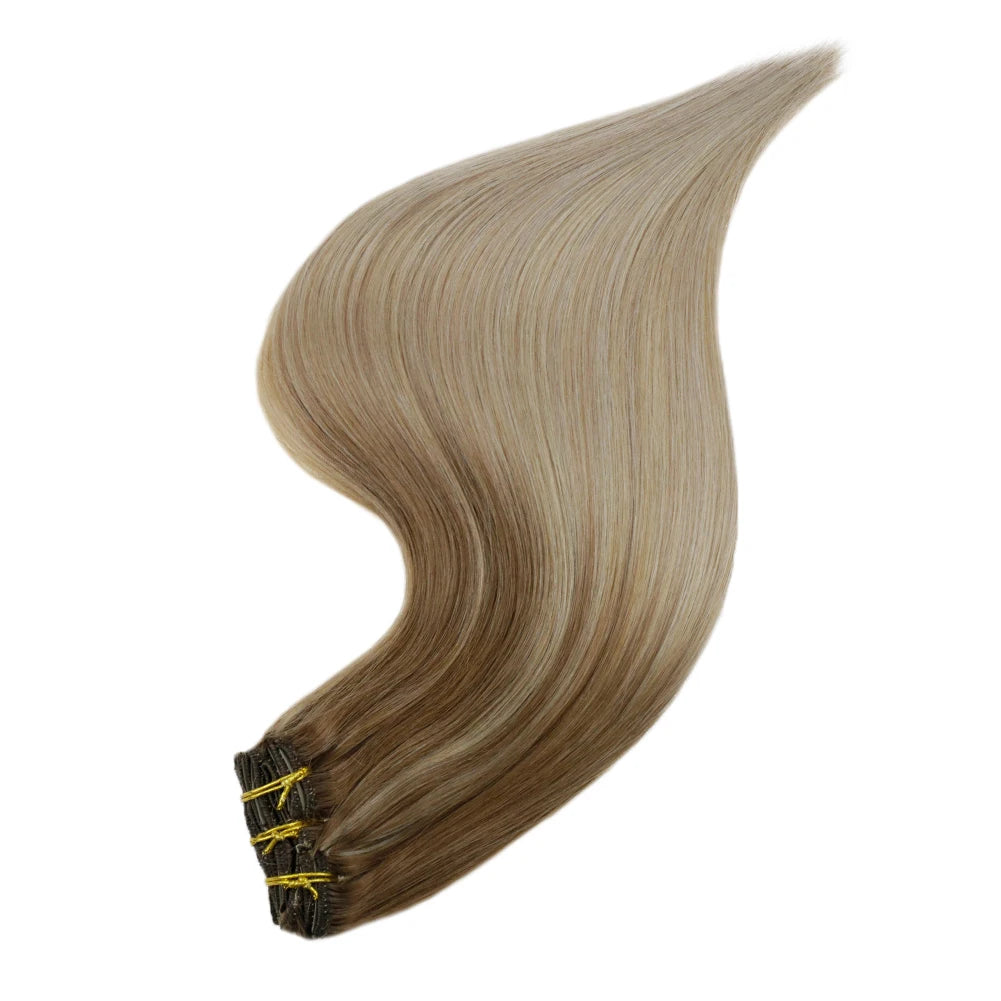 Full Shine Clip in Remy Hair Extensions Double Wefted Extension Blonde Highlight Ombre 100% Remy Human Hair Extensions Full Head
