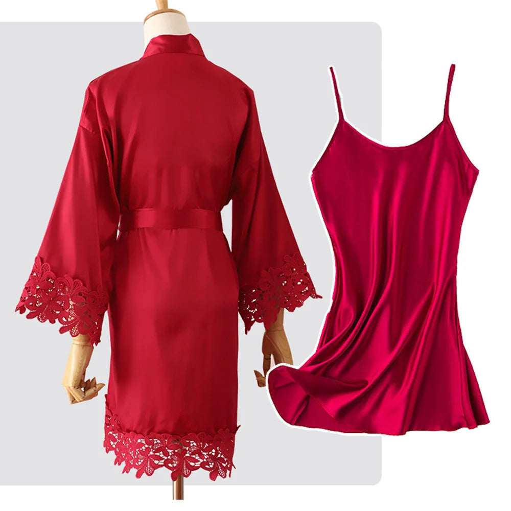 Sexy Lace Bride Bridesmaid Kimono Dresses Robes Women Home Gown Intimate Lingerie Wedding Robe Set Night Sleepwear Bathrobe 2PCS