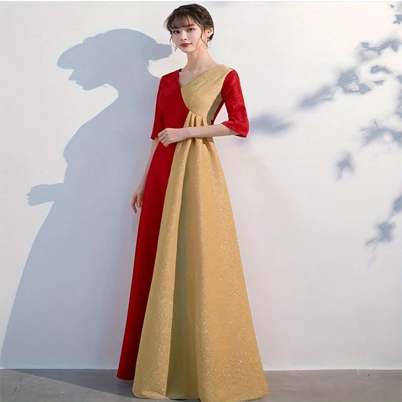 Cantata Evening Dress V-neck Folded A-line Half Sleeve Zipper Rear Bottom Long Women's Formal Party Dress