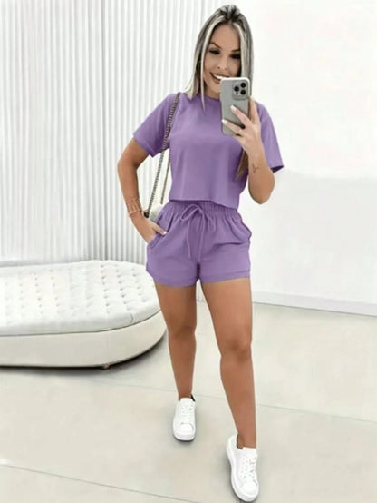 2026 Women's Short-Sleeve Set Brazilian Print T-Shirt Set Crew Neck Retro Streetwear Trendy Clothing Crop Top Sports Set