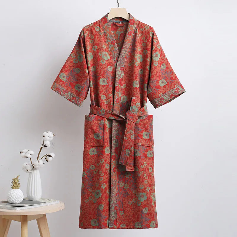 Double Layer Cotton Gauze Long Robe Retro Jacquard Kimono Bathrobe Gown Spring Summer Sleepwear Couple Pijama Loose Lingerie