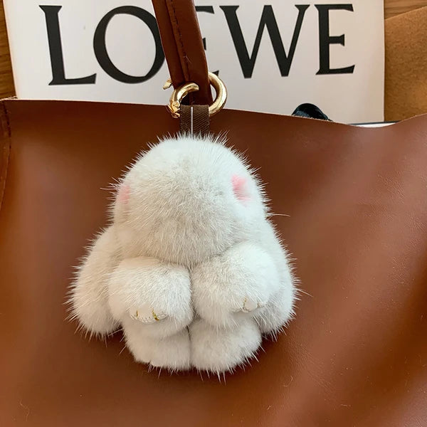 Mink Bunny Keychain Pompon Keyring Bunny For Women Bag Charms Car Key Chain Cute Rabbit Key Ring On Bag Car Trinket Pendant Gift