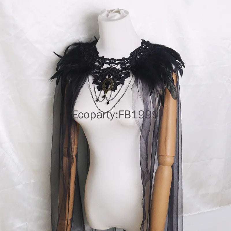 New Halloween Medieval Queen Feather Yarn Cloak for Women Black Tulle Gothic Vampire Bride Cosplay Mesh Shoulder Veil Cape