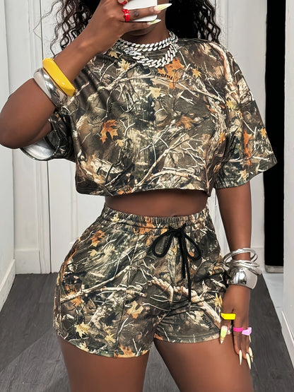 2026 New Short-Sleeve T-Shirt Set Crew Neck Casual Retro Print Hip-Hop Trend Crop Top Two-Piece Set Outdoor Sports Set