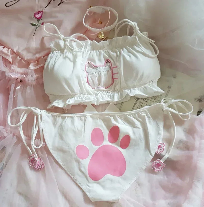 Japanese Anime Cat Girl Cosplay Bra Panties Set Women Sexy Lingerie Underwear Intimates Kawaii Lolita Hollow Out Cute Nightwear