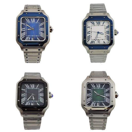 Santos series square watch automatic mechanical Roman numerals with date window men's fashion watch stainless steel watch