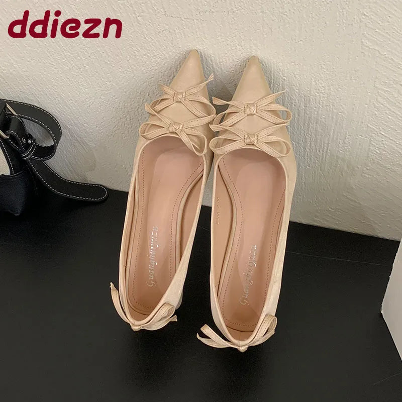 Butterfly-Knot Fashion Pointed Toe Ladies Heels Pumps Shoes 2025 New Silk Female Slip On Footwear Shallow Women Low Heel Shoes