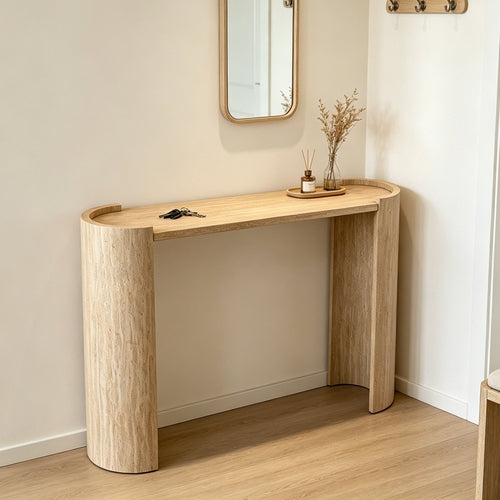 Curved Console Table with U-Shaped Legs and a Natural Wood-Grain