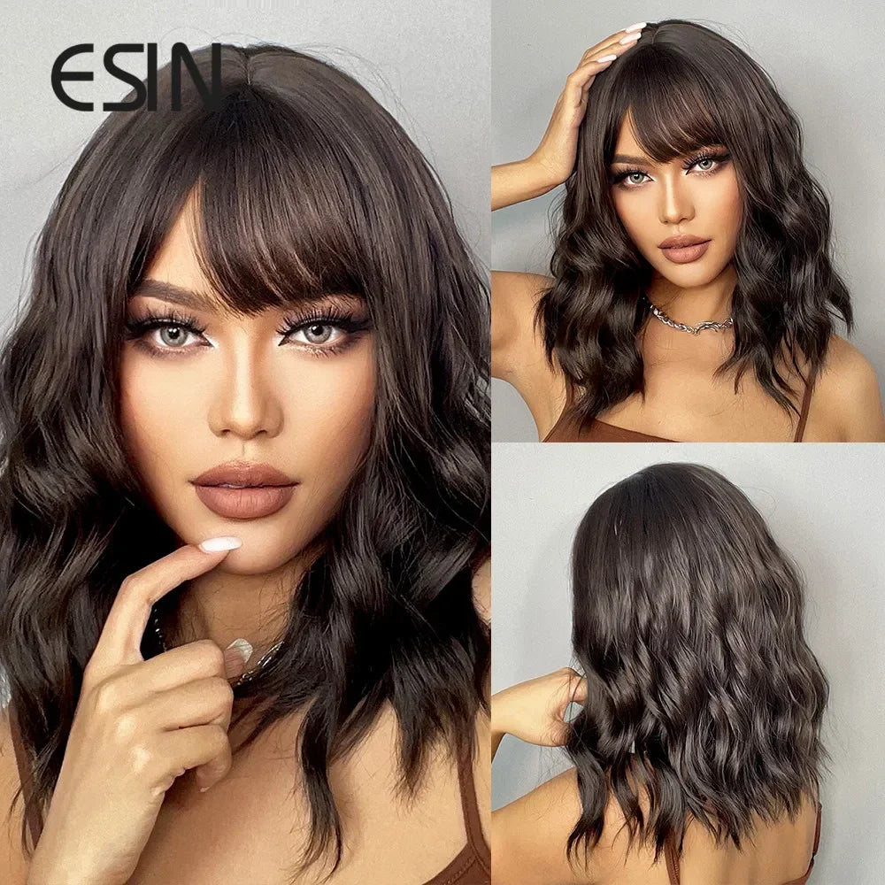 ESIN Synthetic Dark Brown Wig Long Wave Wigs for Women Hair Wig With Bangs Heat Resistant Party Daily Natural Use