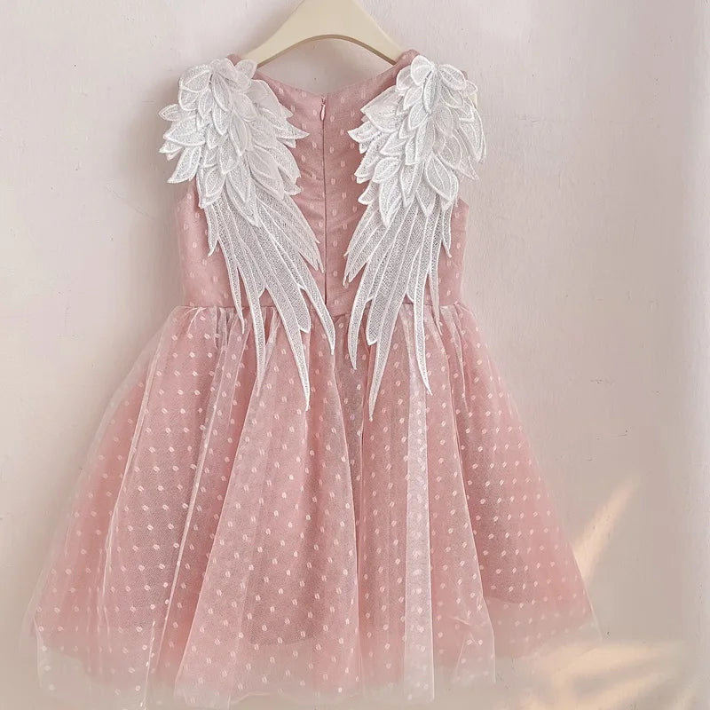 Baby Girl Princess Angel Wing Dress Infant Toddler Child Sleeveless Pearl Vestido Party Pageant Birthday Baby Clothes 1-12Y