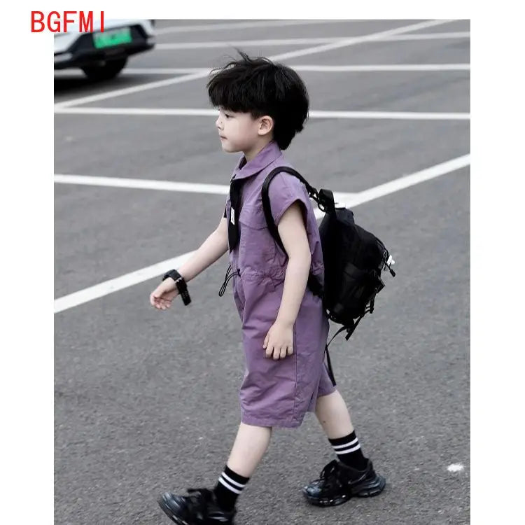 Kids Summer Shorts Overalls Capri Boys Purple Pants and Tie Clothes Boy Baby Jumpsuit 1-10Y Short Sleeved Children's Clothing